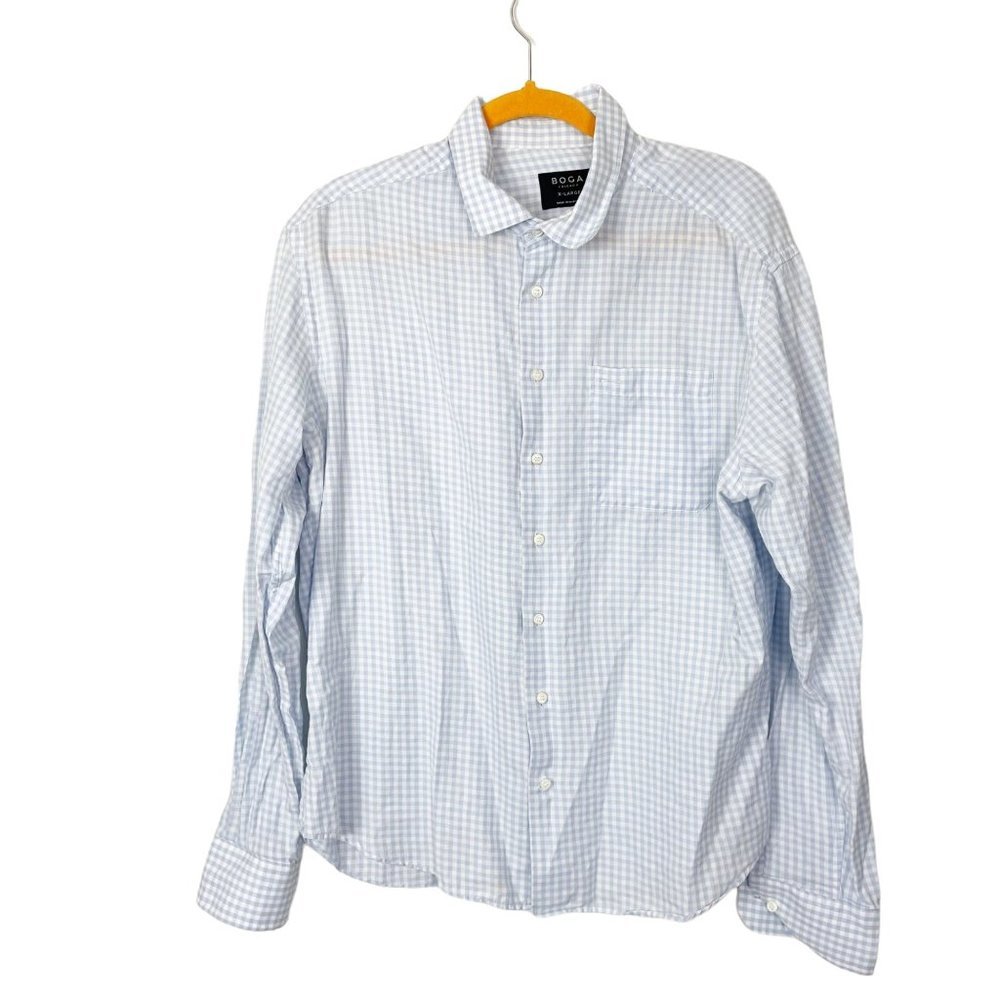 Boga Men's Sz XL Blue and White‎ Gingham Button Up 100% Cotton Career Shirt